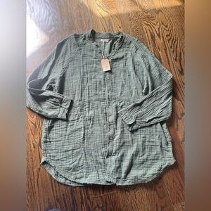 NEW! NATURAL LIFE Olive Raw Hem Textured Top 100% Cotton Gauze